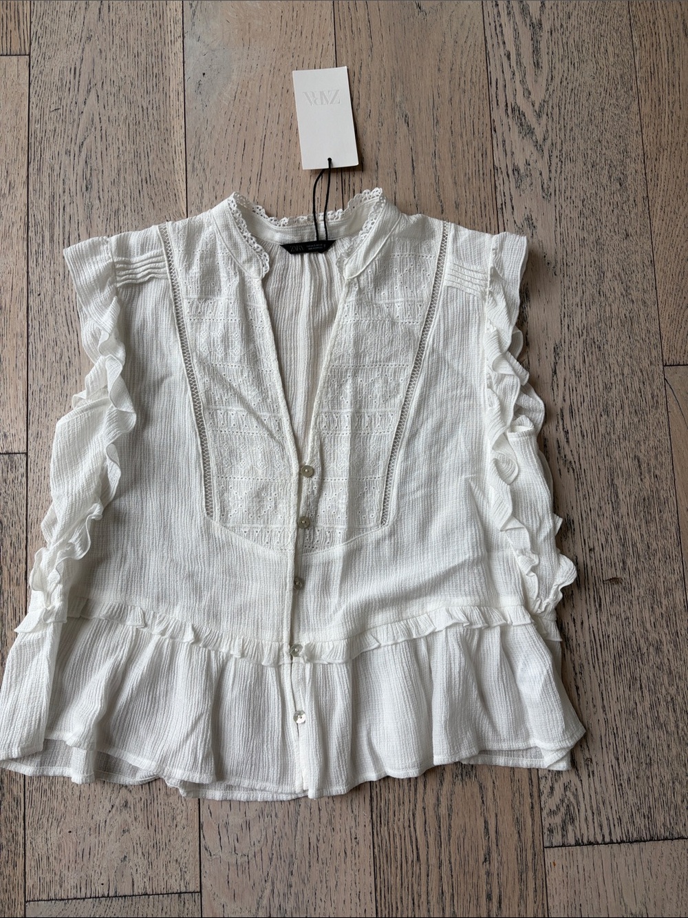 Zara Cream Semi-Sheer Ruffled Lace-Trim Blouse